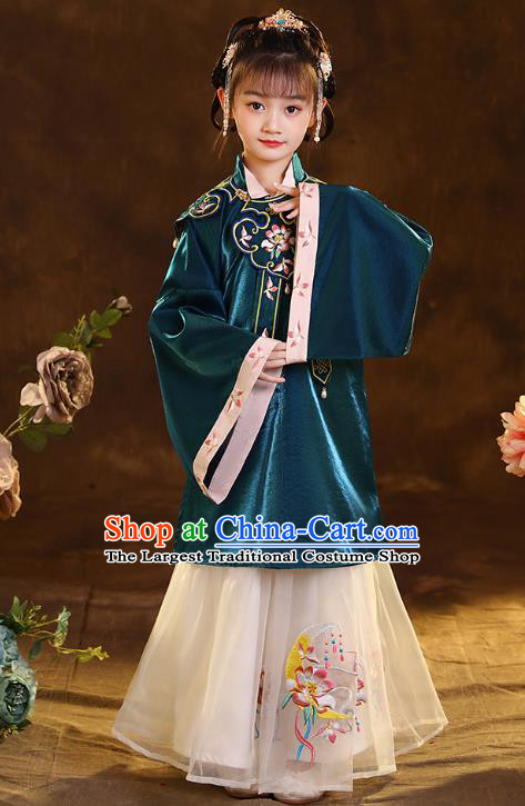 Chinese Traditional Tang Suit Green Blouse and Beige Skirt Ancient Girl Hanfu Costumes for Kids