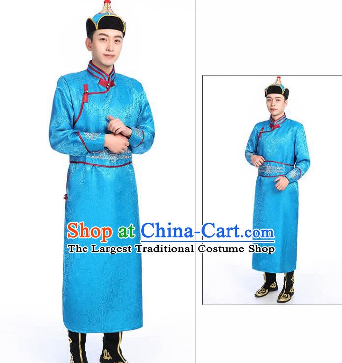 Chinese Traditional Blue Brocade Mongolian Robe Ethnic Men Dance Garment Mongol Minority Wedding Costume