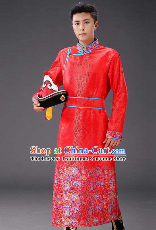 Chinese Traditional Mongol Minority Men Costume Ethnic Stage Performance Garment Red Brocade Mongolian Robe
