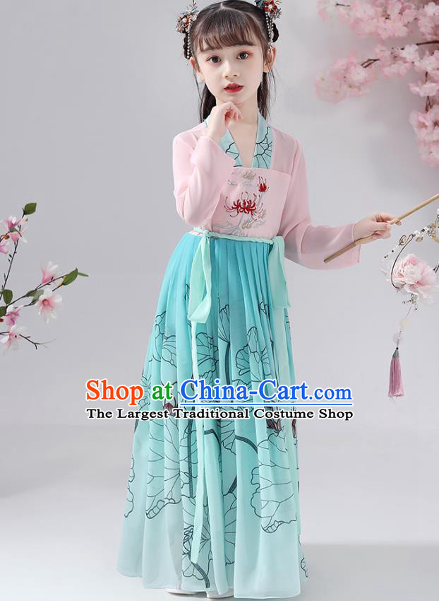 Chinese Traditional Song Dynasty Hanfu Dress Apparels Ancient Princess Costumes Stage Show Girl Blue Cape Blouse and Skirt for Kids