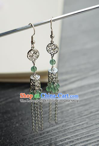 Handmade Chinese Women Argent Tassel Ear Accessories Classical Hanfu Green Beads Earrings