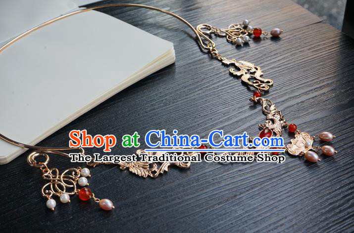 Chinese Handmade Golden Longevity Lock Hanfu Pearl Necklace Classical Jewelry Accessories Ancient Princess Necklet for Women