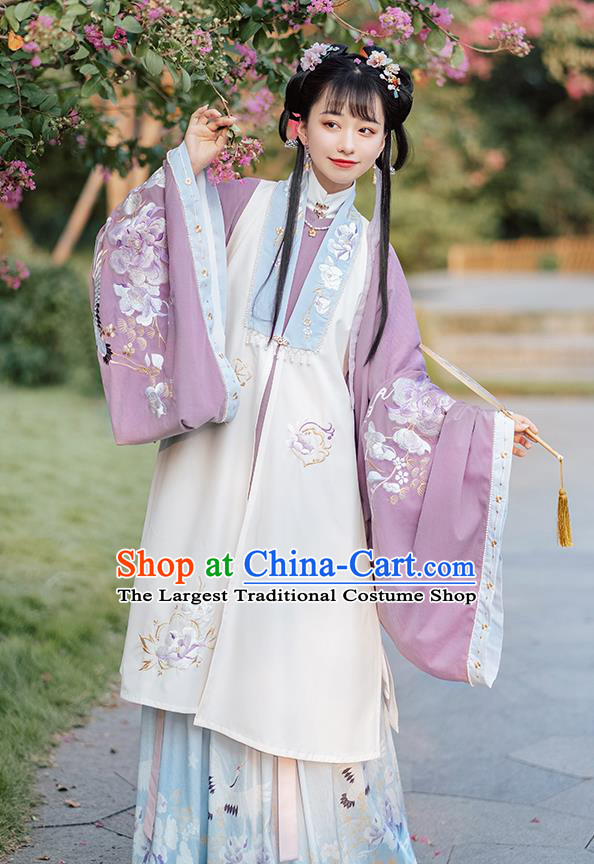 Ancient Chinese Patrician Lady Long Vest Blouse and Skirt Traditional Ming Dynasty Embroidered Costumes Hanfu Apparels Complete Set