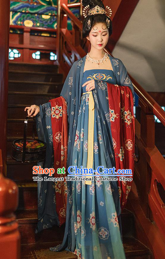 Chinese Tang Dynasty Imperial Concubine Costumes Ancient Court Woman Blue Cape and Dress Traditional Hanfu Apparels