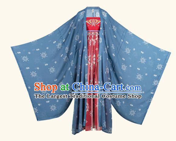 Chinese Ancient Imperial Consort Blue Wide Sleeve Cloak and Red Dress Traditional Hanfu Apparels Tang Dynasty Court Women Historical Costumes