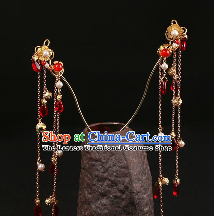 Chinese Classical Golden Bells Tassel Hair Clip Hanfu Hair Accessories Handmade Ancient Court Lady Flower Hairpins for Women