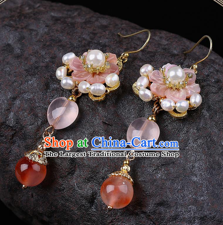 Handmade Chinese Shell Flower Ear Accessories Classical Eardrop Ancient Women Hanfu Pearls Earrings