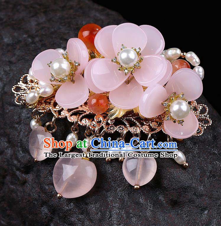 Chinese Classical Pink Flower Hair Claw Hanfu Hair Accessories Handmade Ancient Princess Pearls Hairpins for Women