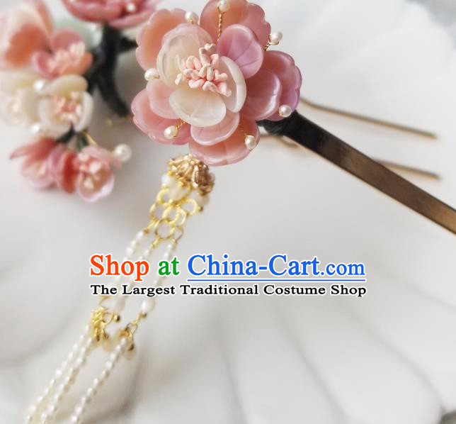 Chinese Classical Peach Flower Hair Clip Hanfu Hair Accessories Handmade Ancient Song Dynasty Pearls Tassel Hairpins for Women