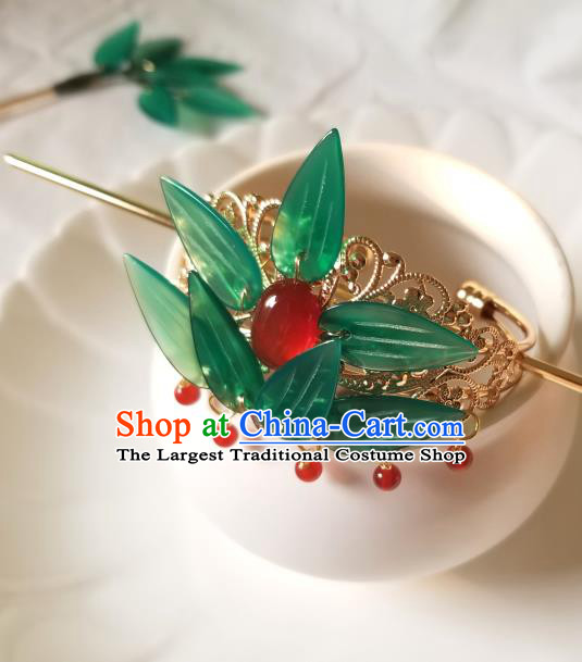 Chinese Classical Agate Hair Crown Hanfu Hair Accessories Handmade Ancient Queen Green Leaf Hairpins for Women
