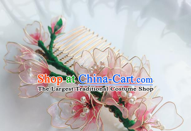 Chinese Classical Pink Flowers Hair Comb Hanfu Hair Accessories Handmade Ancient Queen Hairpins for Women