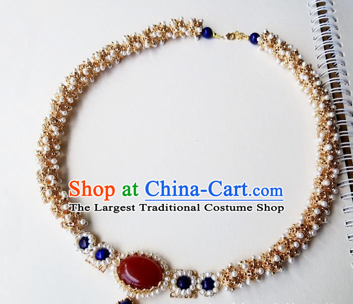 Chinese Handmade Pearls Necklet Classical Jewelry Accessories Ancient Empress Hanfu Golden Necklace for Women