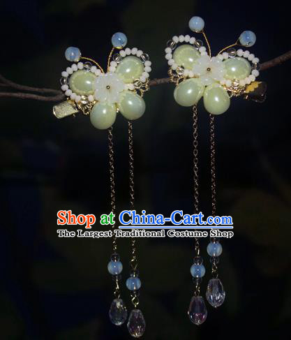 Chinese Classical Green Butterfly Hair Sticks Hanfu Hair Accessories Handmade Ancient Princess Tassel Hair Claws for Women