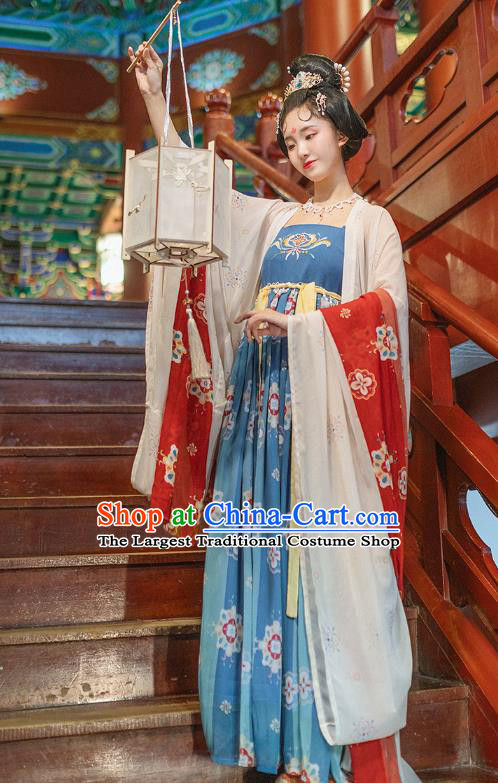 Chinese Ancient Imperial Concubine White Cloak and Blue Dress Traditional Tang Dynasty Historical Costumes Court Woman Hanfu Apparels