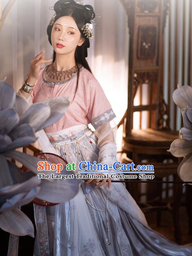 Chinese Tang Dynasty Historical Costumes Traditional Hanfu Apparels Ancient Goddess Embroidered Half Sleeved Garment Blouse and Skirt Full Set