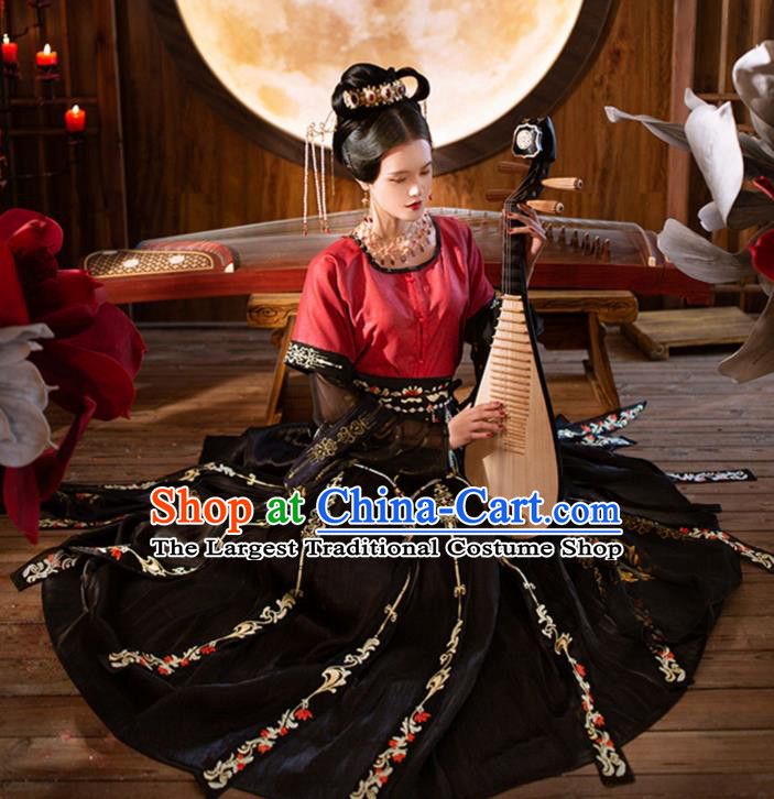 Chinese Ancient Tang Dynasty Dunhuang Apsaras Dance Costumes Traditional Embroidered Red Half Sleeved Garment Blouse and Skirt Hanfu Apparels