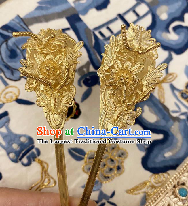 Chinese Classical Court Golden Hair Clips Women Hanfu Hair Accessories Handmade Ancient Tang Dynasty Empress Flowers Hairpins