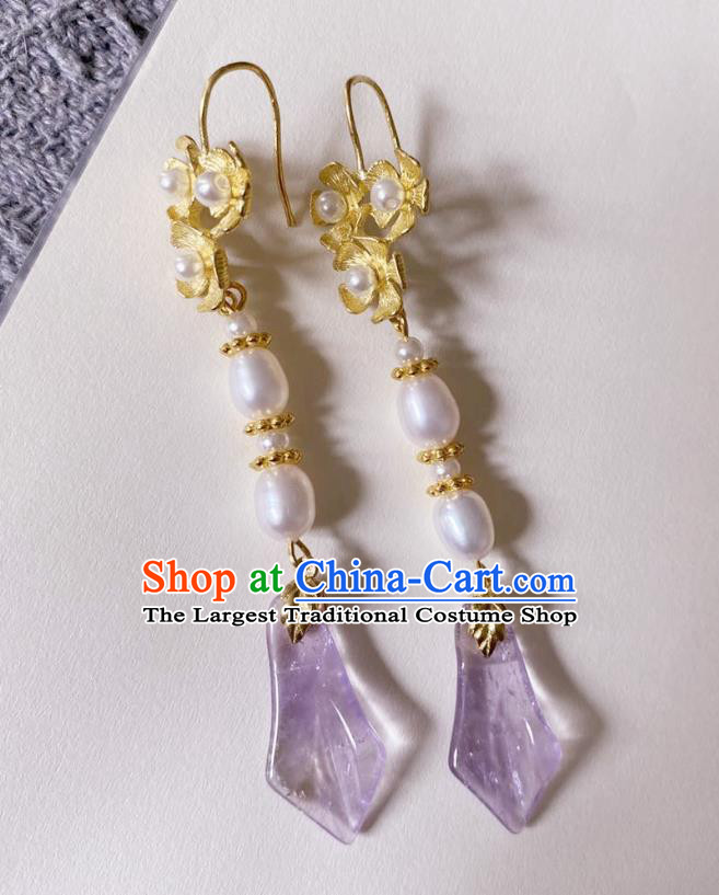 Handmade Chinese Classical Pearls Eardrop Cheongsam Amethyst Ear Accessories Ancient Hanfu Golden Earrings