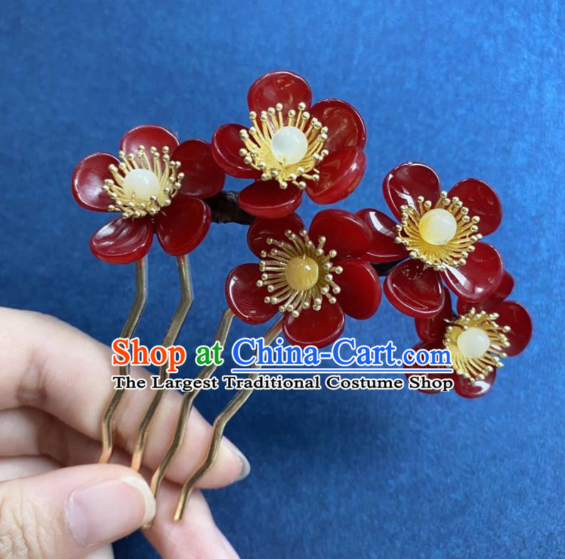 Chinese Classical Red Plum Hair Comb Handmade Ancient Song Dynasty Hairpin Women Hanfu Hair Accessories