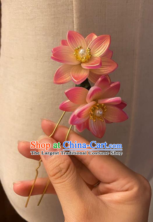 Chinese Ancient Princess Golden Hairpin Hanfu Hair Accessories Women Handmade Pink Lotus Hair Clip