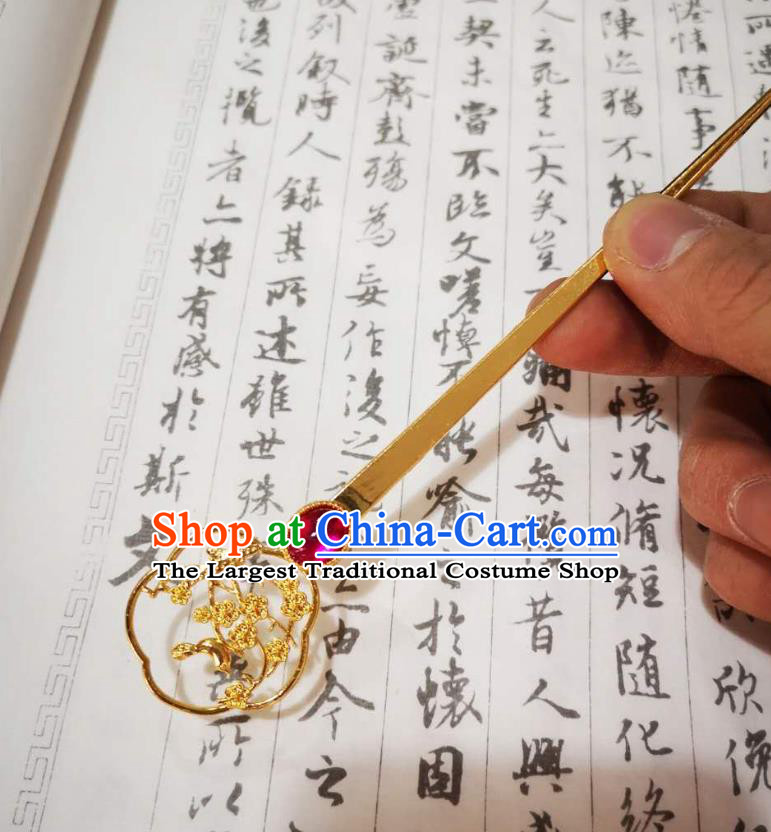 Chinese Ancient Empress Golden Hairpins Hair Accessories Handmade Ming Dynasty Court Rosy Crystal Hair Stick