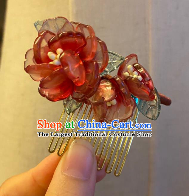 Chinese Ancient Princess Red Flowers Hairpin Hanfu Hair Accessories Women Handmade Rose Hair Comb