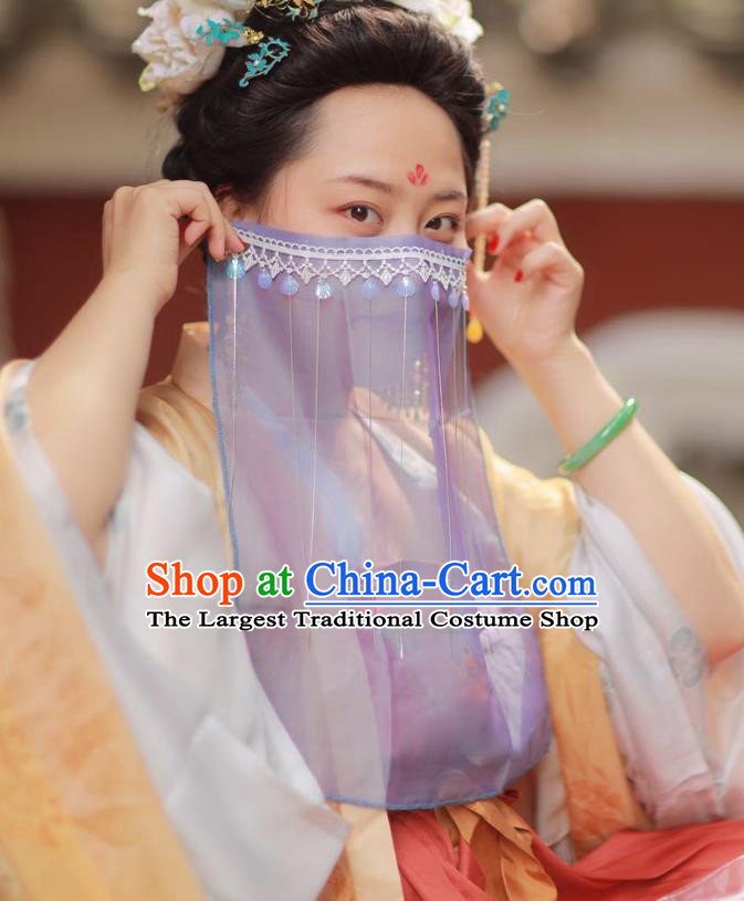 Chinese Classical Ancient Palace Lady Face Veil Hanfu Wigs Tang Dynasty Imperial Concubine Lilac Chiffon Veil Mask Accessories