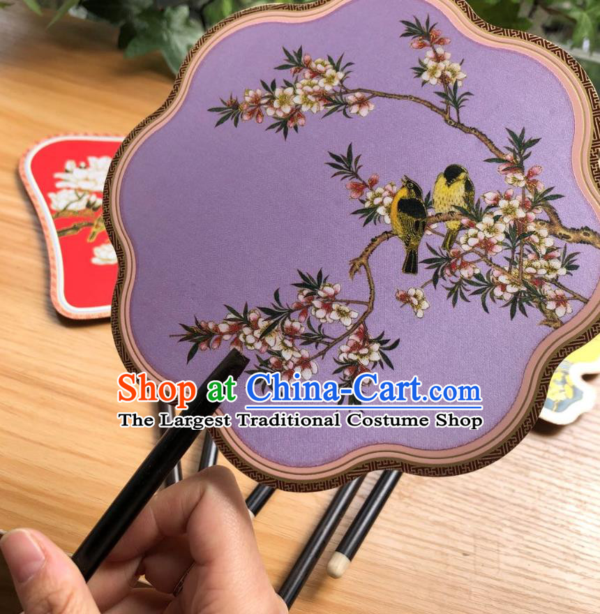 Chinese Classical Lilac Silk Palace Fan Ancient Palace Lady Fans Accessories Song Dynasty Princess Painting Plum Birds Ebony Fans