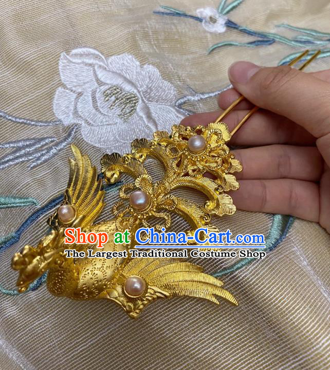 Chinese Ancient Empress Golden Phoenix Hairpins Hair Accessories Handmade Ming Dynasty Court Queen Pearls Hair Stick