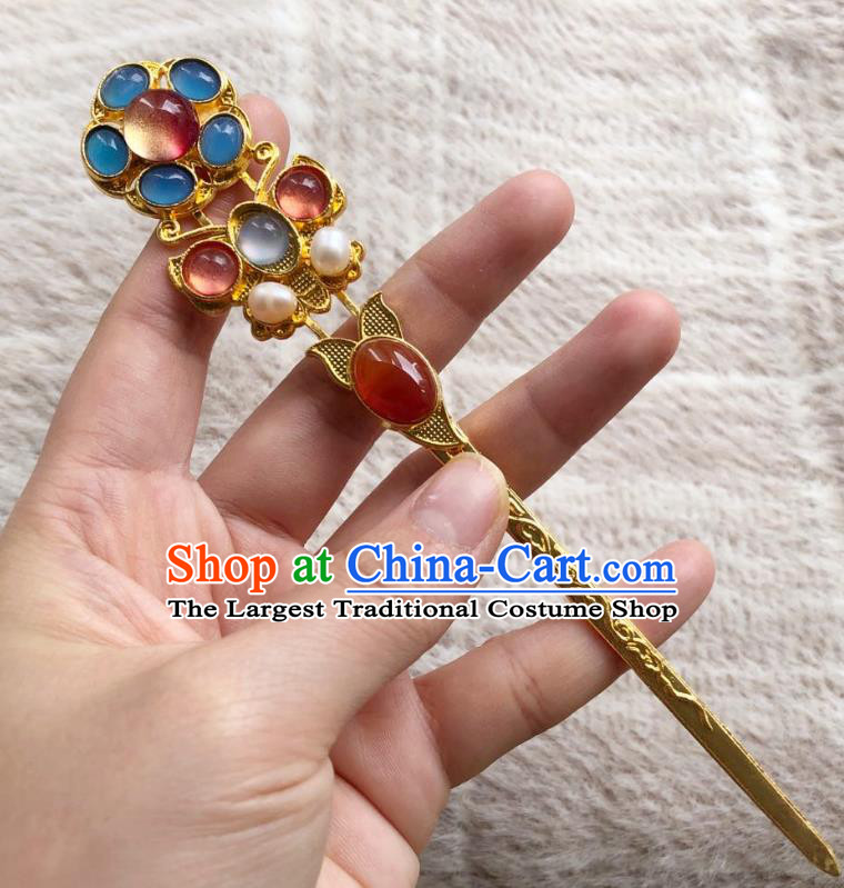 Chinese Ancient Empress Agate Hairpins Hair Accessories Handmade Ming Dynasty Court Aquamarine Golden Hair Stick