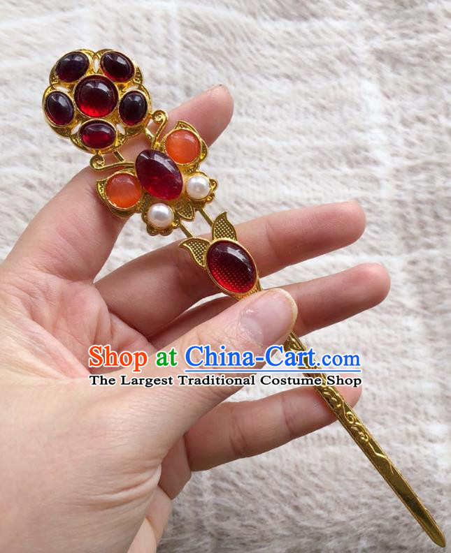 Chinese Ancient Empress Pearls Golden Hairpins Hair Accessories Handmade Ming Dynasty Court Garnet Hair Stick