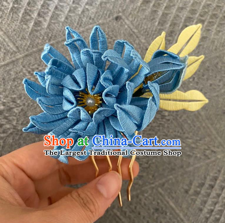 Chinese Ancient Palace Lady Hairpins Hair Accessories Handmade Tang Dynasty Blue Silk Chrysanthemum Hair Stick