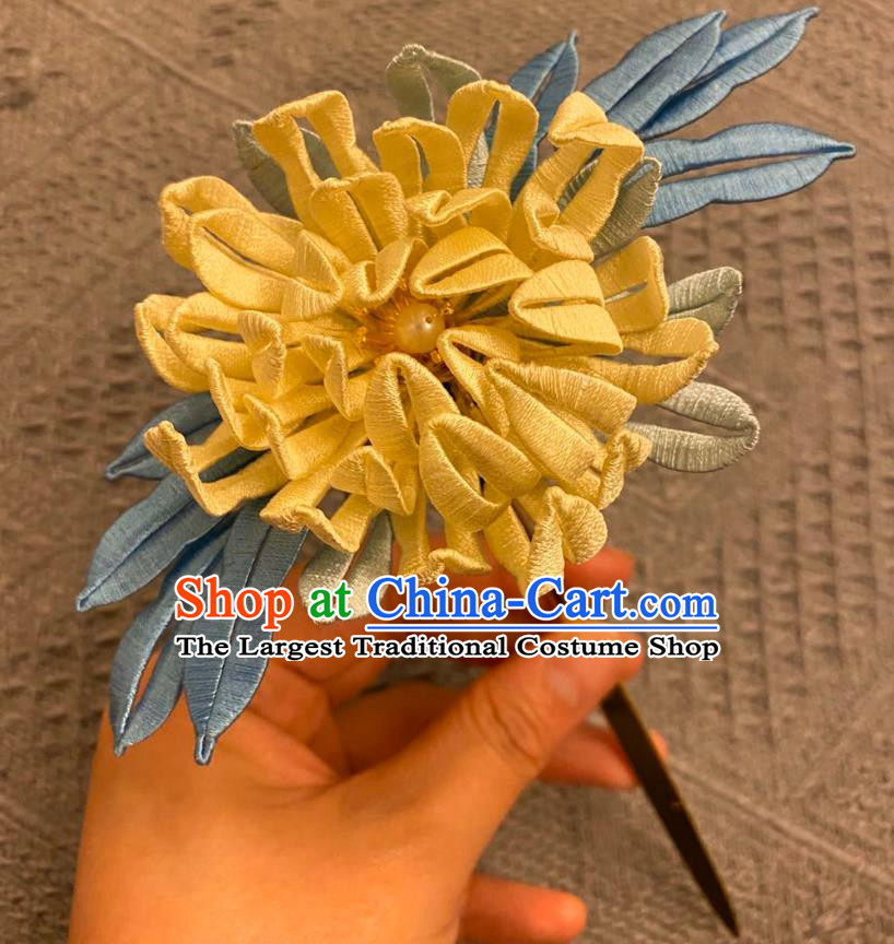Chinese Ancient Palace Lady Hairpins Hair Accessories Handmade Tang Dynasty Yellow Silk Chrysanthemum Hair Stick
