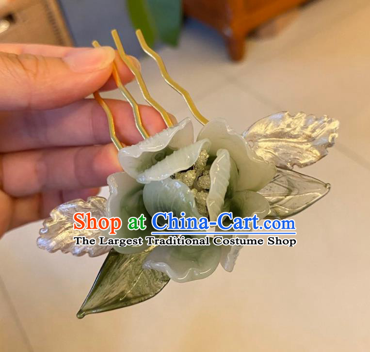 Chinese Ancient Court Lady Flowers Hairpins Hair Accessories Handmade Green Plastic Peony Hair Comb