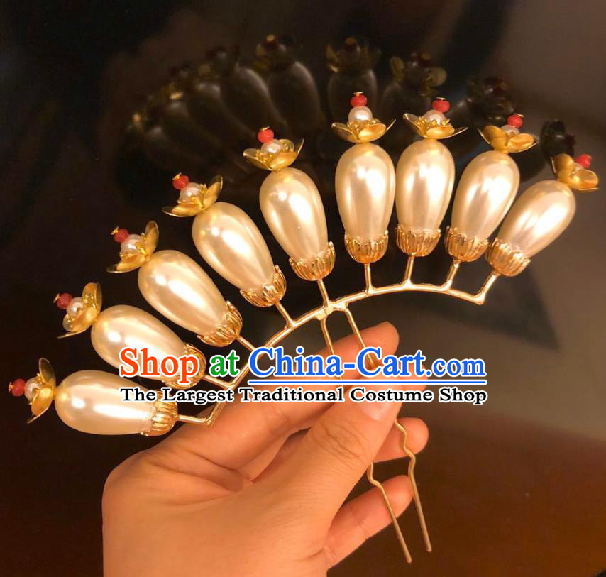 Chinese Ancient Court Empress Pearls Plum Hairpins Hair Accessories Handmade Ming Dynasty Palace Hair Stick