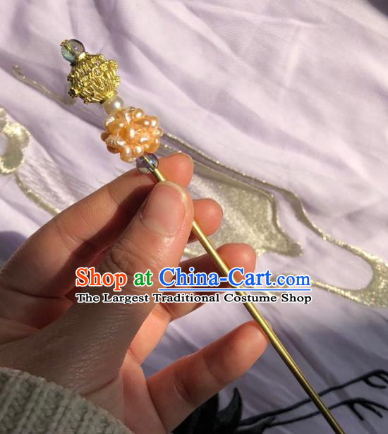 Chinese Ancient Empress Pearls Hairpins Hair Accessories Handmade Ming Dynasty Court Golden Hair Stick