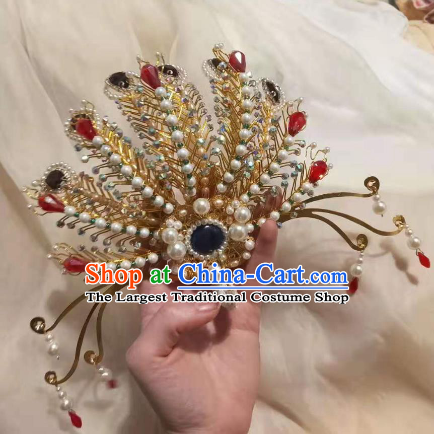 Chinese Ancient Imperial Empress Pearls Golden Hairpins Hair Accessories Handmade Ming Dynasty Court Phoenix Hair Crown