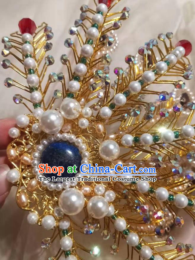 Chinese Ancient Imperial Empress Pearls Golden Hairpins Hair Accessories Handmade Ming Dynasty Court Phoenix Hair Crown
