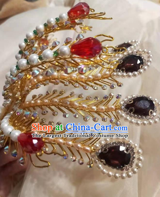 Chinese Ancient Imperial Empress Pearls Golden Hairpins Hair Accessories Handmade Ming Dynasty Court Phoenix Hair Crown