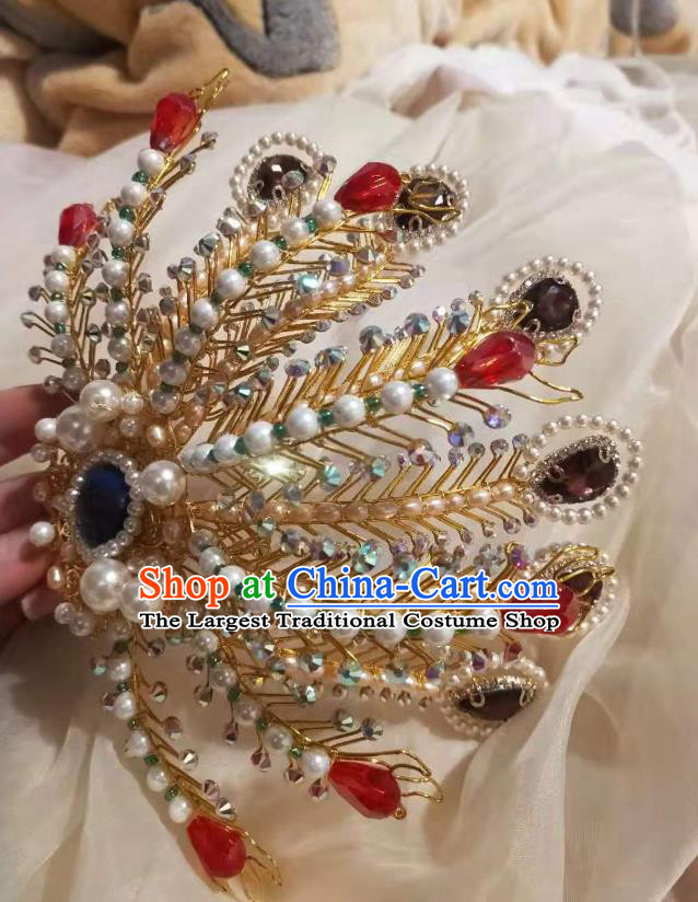 Chinese Ancient Imperial Empress Pearls Golden Hairpins Hair Accessories Handmade Ming Dynasty Court Phoenix Hair Crown