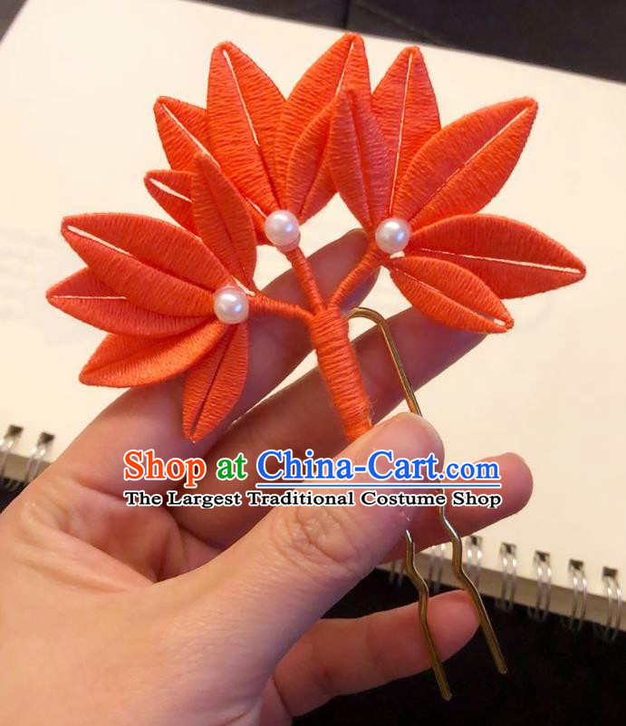 Chinese Ancient Court Lady Red Silk Flowers Hairpins Hair Accessories Handmade Tang Dynasty Maple Leaf Hair Stick