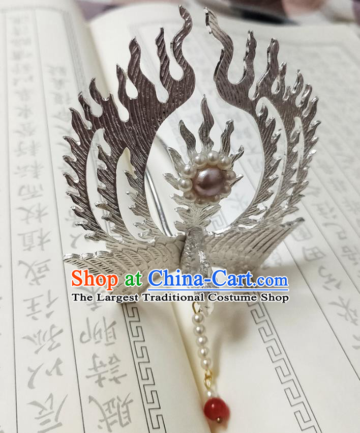 Chinese Ancient Empress Hair Crown Hairpins Hair Accessories Handmade Ming Dynasty Palace Argent Phoenix Tassel Hair Stick