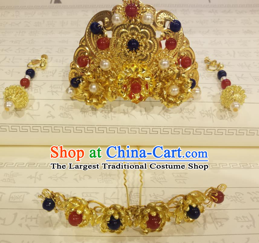Chinese Ancient Empress Gems Hair Crown Golden Hairpins Hair Accessories Handmade Ming Dynasty Palace Hair Stick