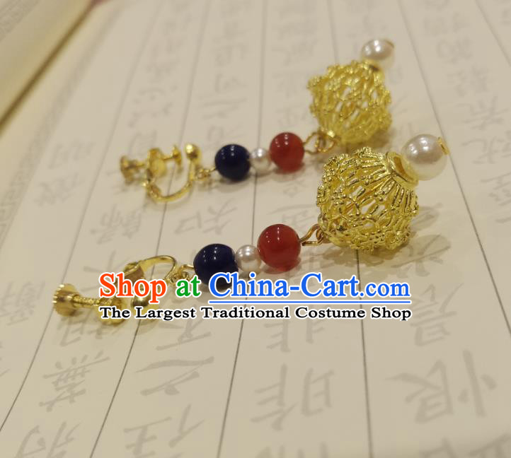 Handmade Chinese Classical Court Queen Eardrop Golden Ear Accessories Ancient Ming Dynasty Empress Hanfu Earrings