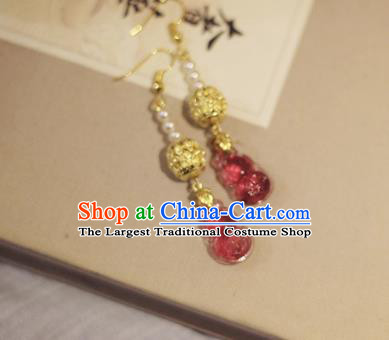 Handmade Chinese Classical Garnet Eardrop Ear Accessories Ancient Ming Dynasty Princess Hanfu Golden Earrings