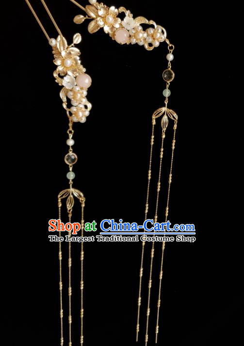 Chinese Ancient Empress Pink Chalcedony Hairpins Hair Accessories Handmade Ming Dynasty Hanfu Golden Tassel Pearls Hair Stick