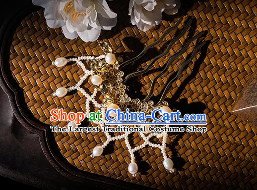 Chinese Ancient Queen Golden Hair Comb Handmade Ming Dynasty Empress Hair Accessories Hanfu Pearls Tassel Hairpins