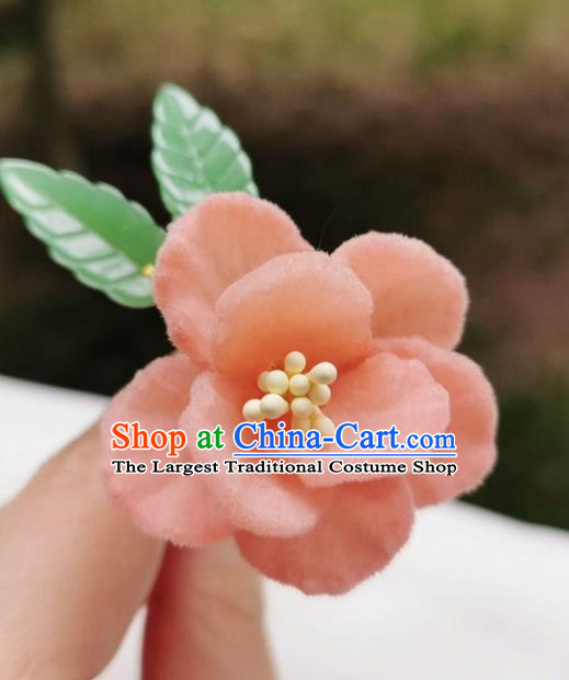 Chinese Qing Dynasty Pink Velvet Camellia Hair Stick Handmade Hair Accessories Hanfu Ancient Princess Flowers Hairpins