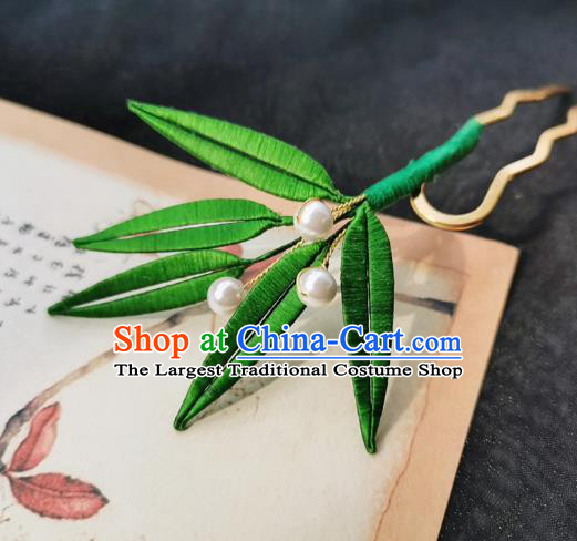 Chinese Classical Green Silk Bamboo Leaf Hair Stick Handmade Hanfu Hair Accessories Ancient Song Dynasty Court Lady Hairpins