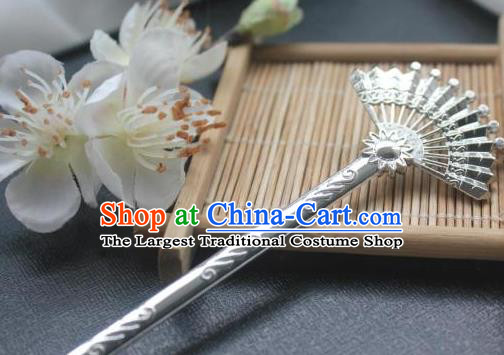 Chinese Classical Fan Hair Stick Handmade Hanfu Hair Accessories Ancient Song Dynasty Palace Argent Hairpins